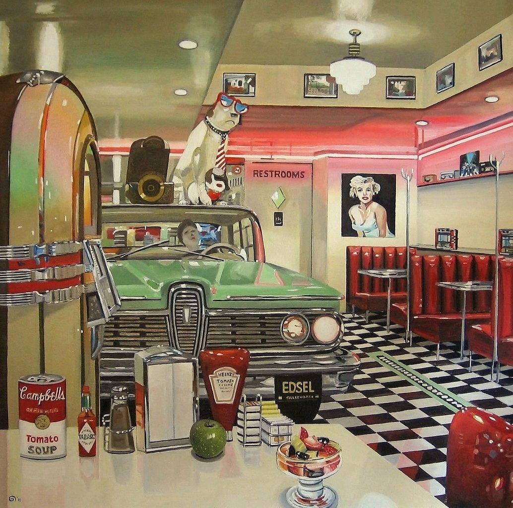 Olieverf Schilderij Oilpainting American Diner, Peter Boonstra, artist, Holland, kunstchilder